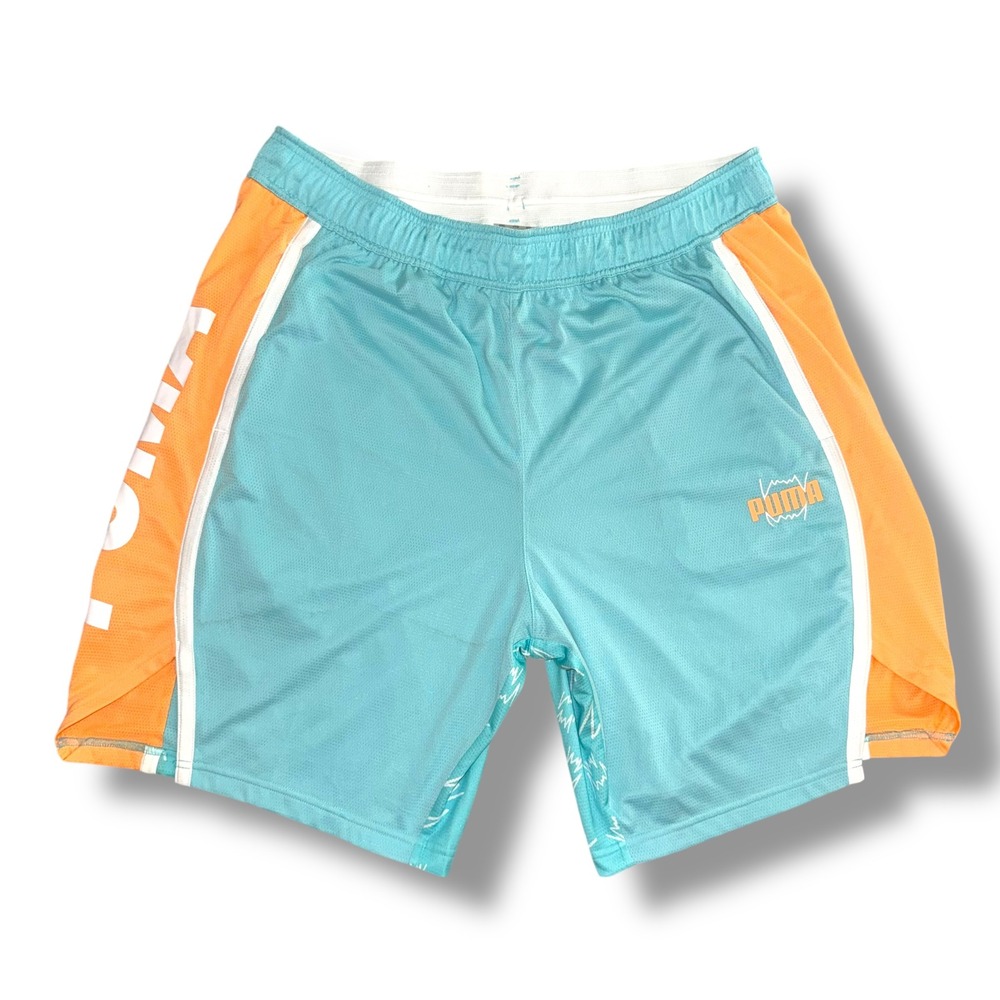 Puma Basketball Shorts Mens XXL Teal Orange Mesh Graphic Print Athletic Pockets